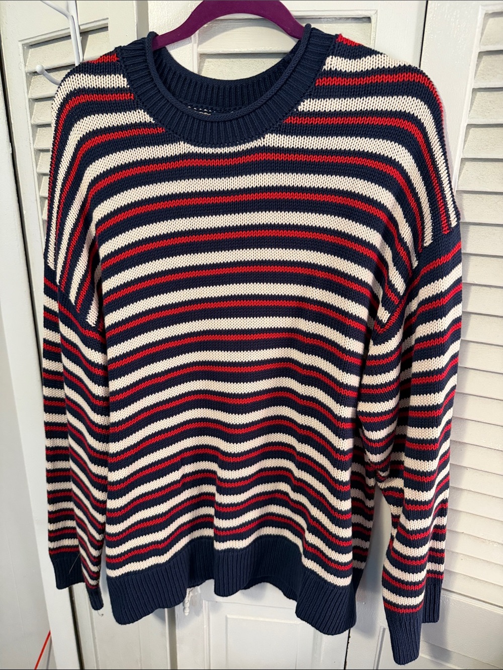 American Eagle Outfitters Striped Crewneck Sweater - Navy, Red & Cream